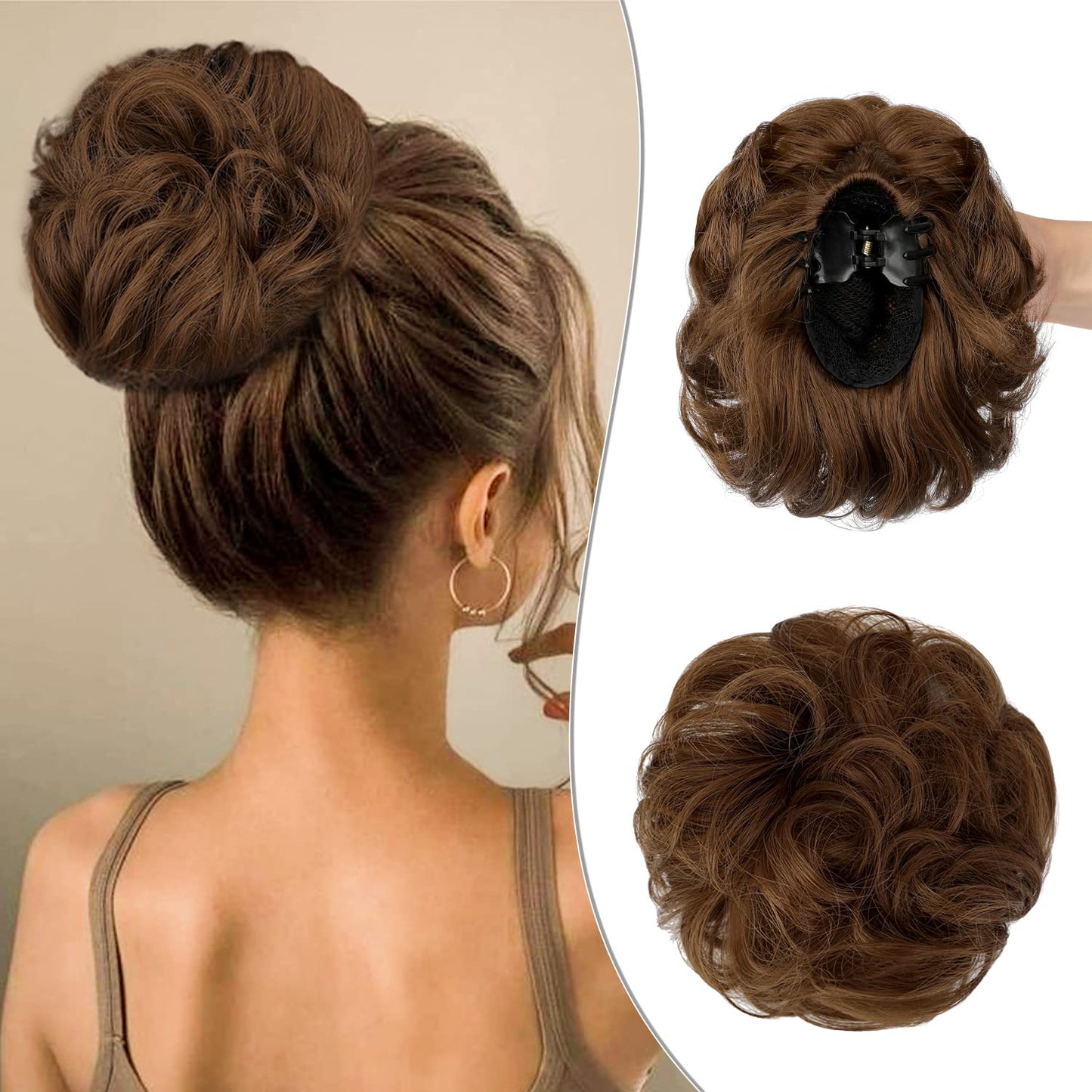 Wodelanle Claw Clip Messy Bun Hair Piece Wavy Hair Bun Curly Messy Bun Hair Piece Synthetic Tousled Updo Hair Extensions Ponytail Scrunchies Hairpieces for Women,Light Brown