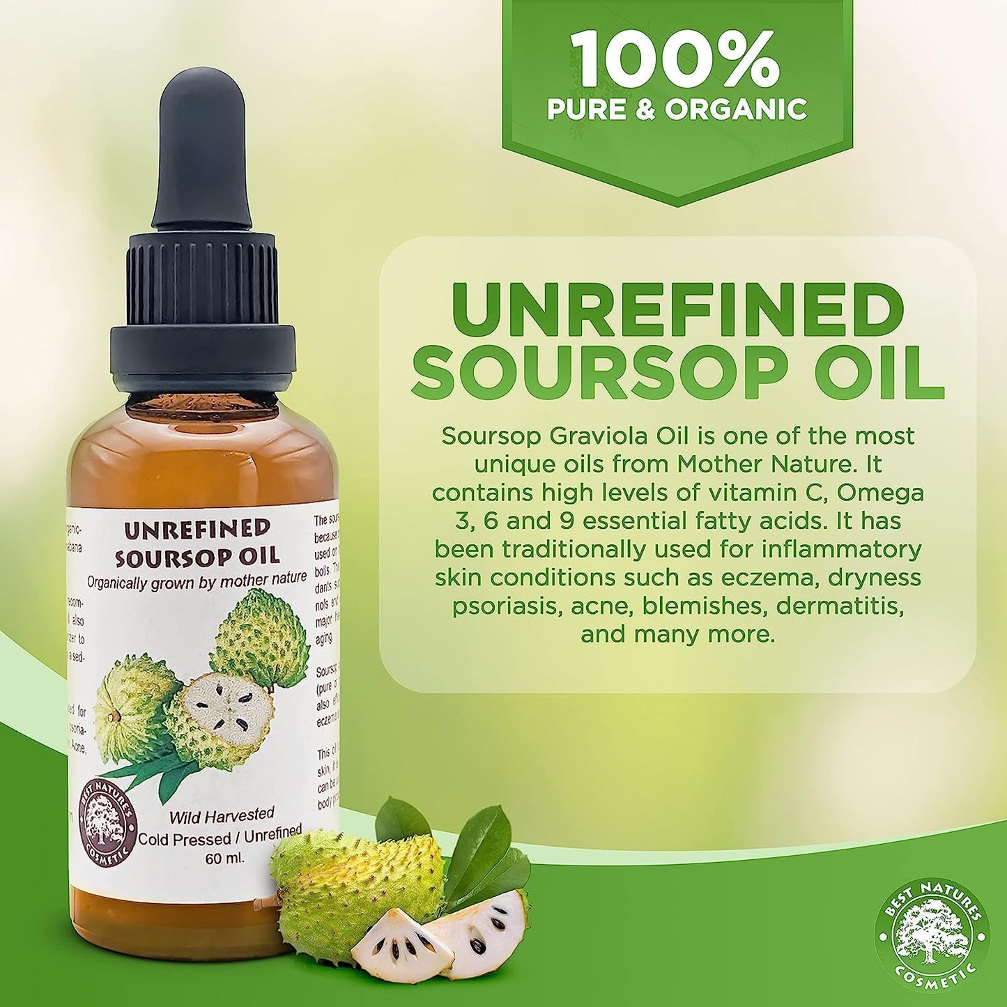 Best Nature's Cosmetics Virgin Soursop Graviola Guanabana Oil (Organic, Undiluted, Unrefined) 2oz / 60 ml – Natural Moisturizer for Dry and Damaged Skin.