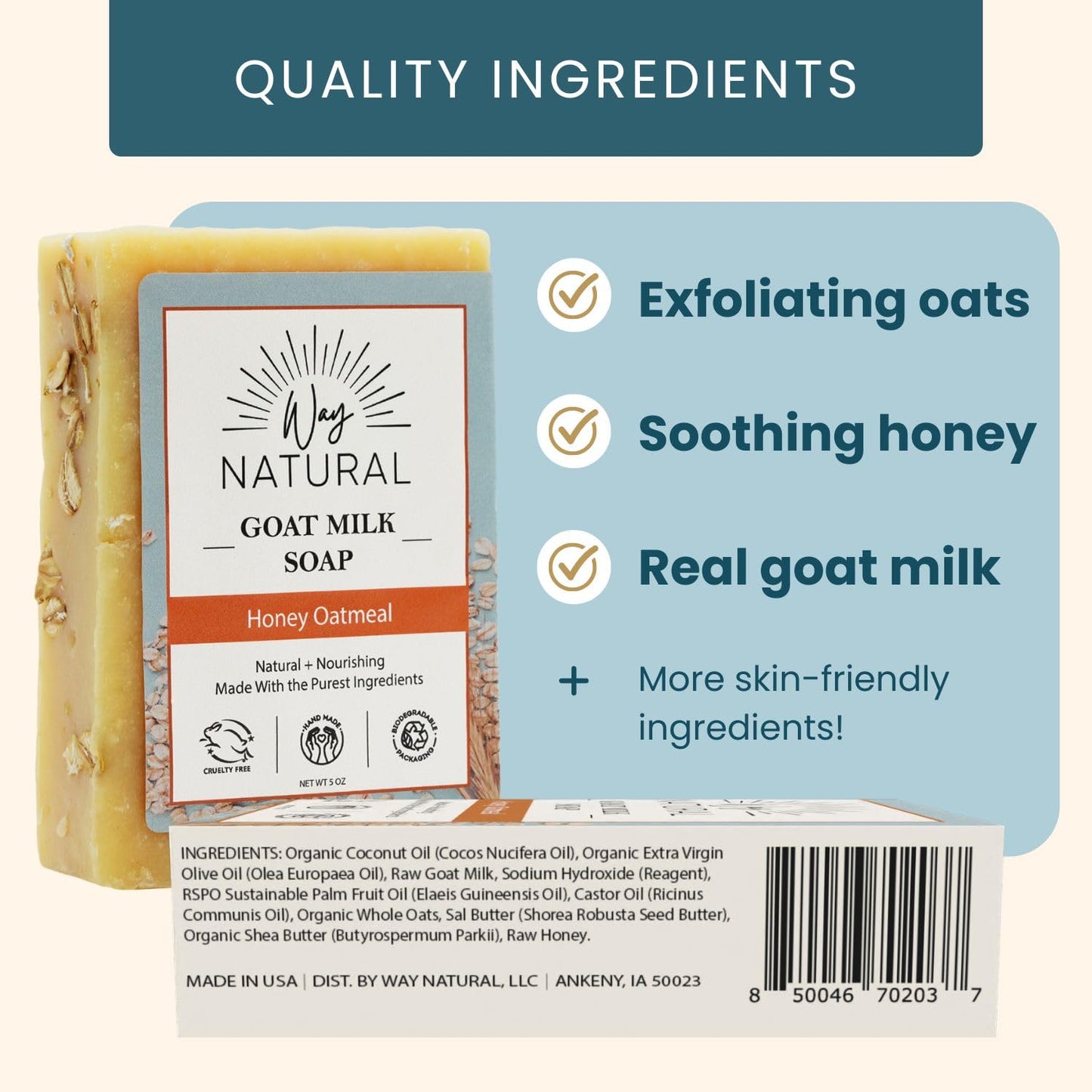 Way Natural Goat Milk Soap Bars, Honey Oatmeal (3 Hand/Body Soap Bars) - Gentle, No Dyes, Real Goat Milk Bar Soap for Men & Women - Natural Honey Oatmeal Soap Bars, Organic Goat Soap (Large, 5oz)