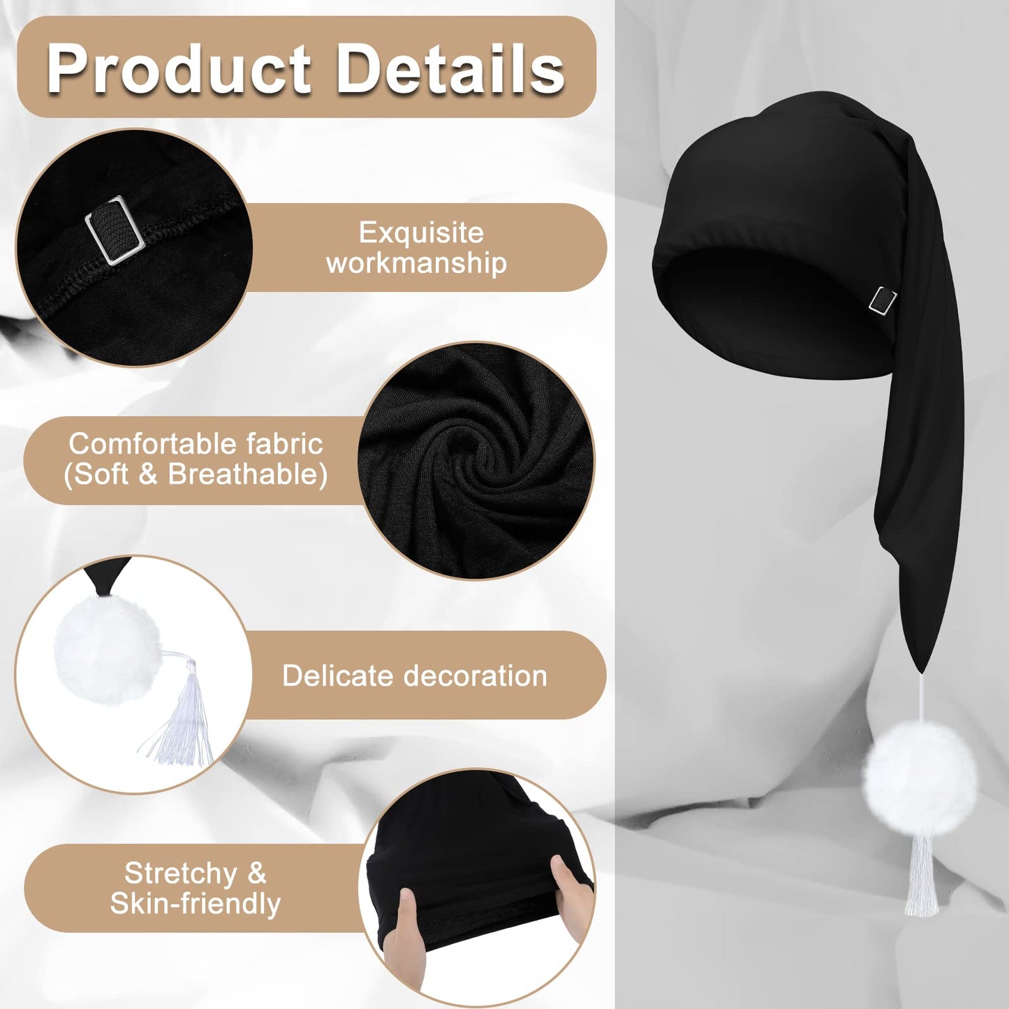 2 Pcs Silk Night Sleeping Cap Men Adjustable Stocking Cap Drawstring Night Sleeping Cap with Pom Ball for Daily Use (Black, Khaki)