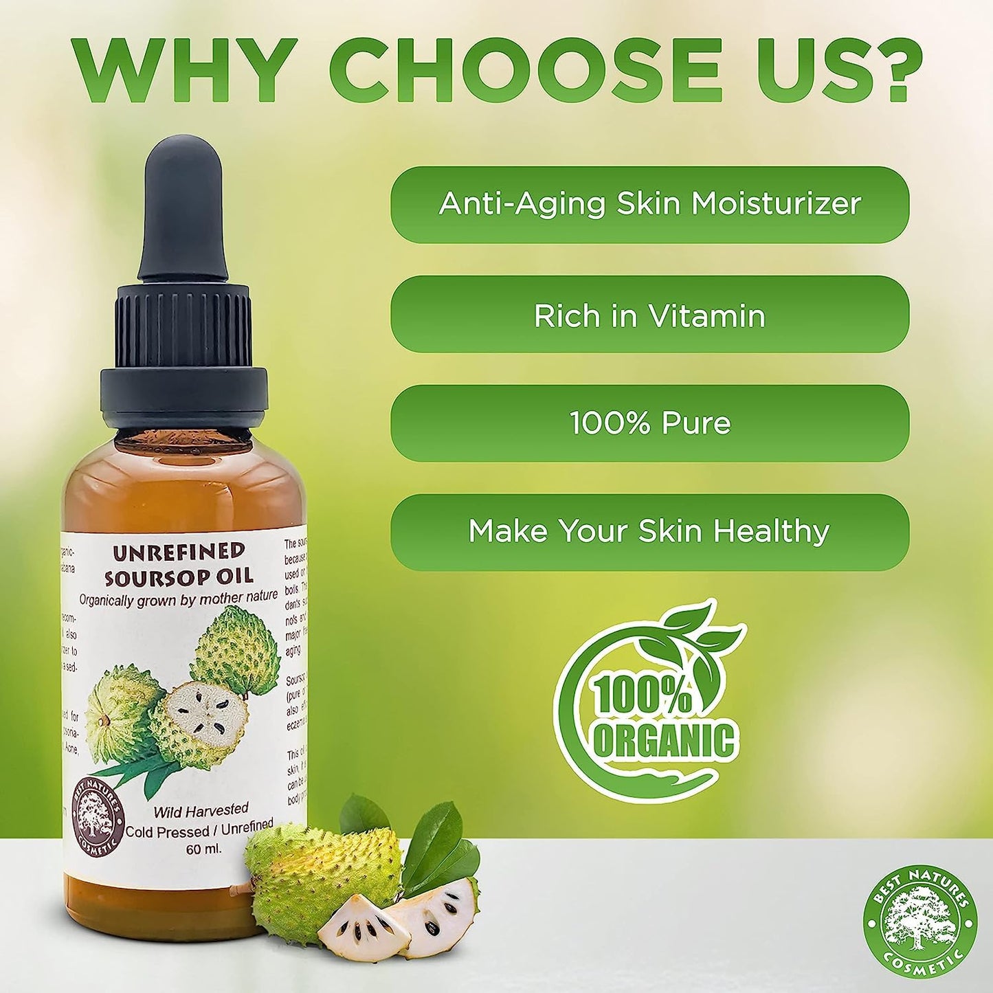 Best Nature's Cosmetics Virgin Soursop Graviola Guanabana Oil (Organic, Undiluted, Unrefined) 2oz / 60 ml – Natural Moisturizer for Dry and Damaged Skin.