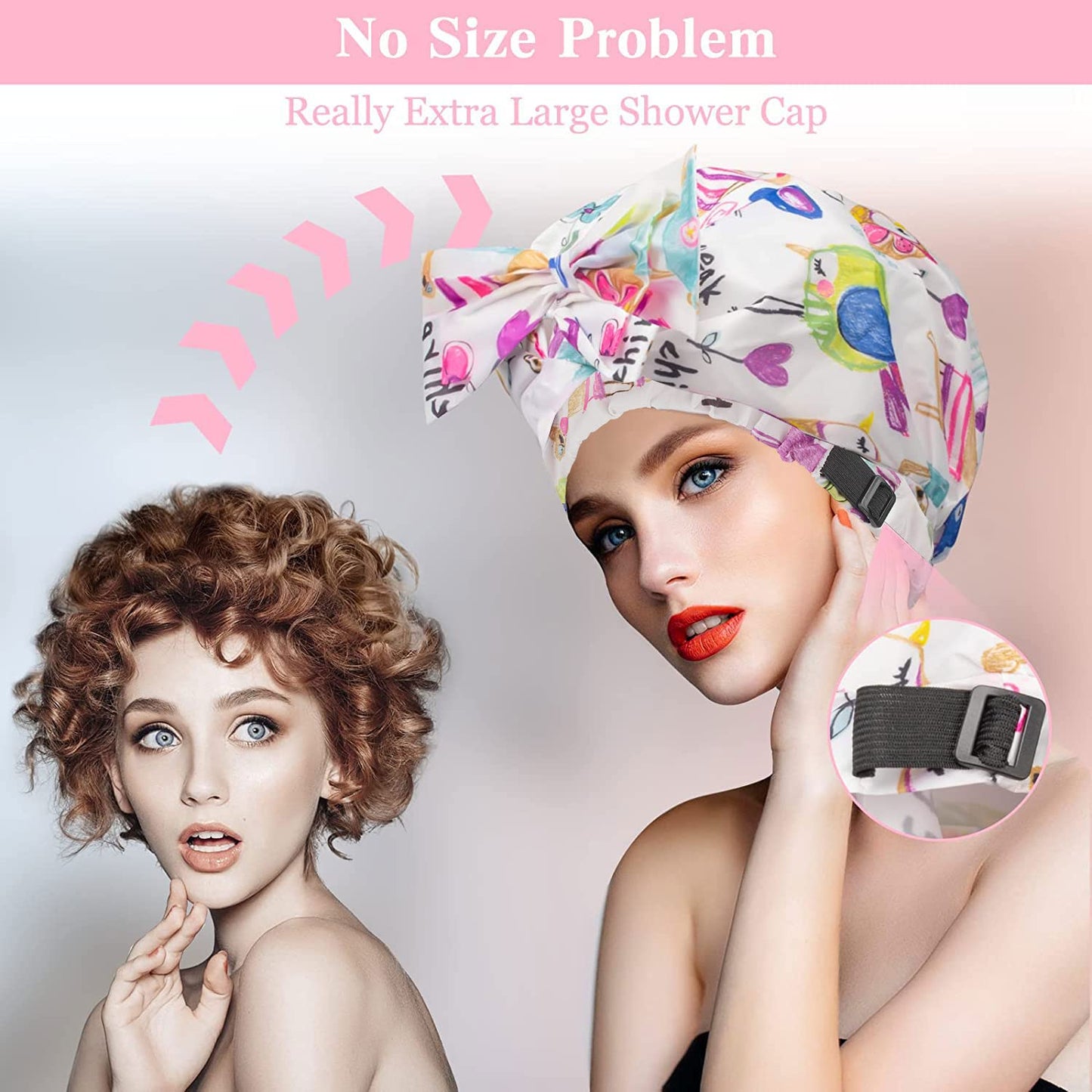 2 PCS Shower Caps, Reusable & Extra Large & Adjustable & Double Layer Waterproof Bow Knot Hair Reusable Cap for Women, Waterproof Outer & EVA Lining, for Shower, Spa, Makeup