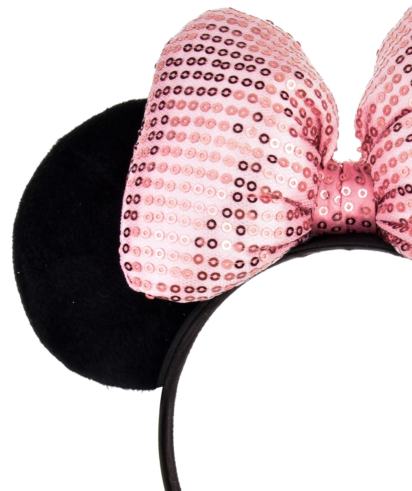A Miaow 3D Black Mouse Velvet Ears Headband MM Polka Dot Satin Bow Hair Clasp Women Adults Costume Supply Holiday Park Headwear (Pink Bow, One Size)