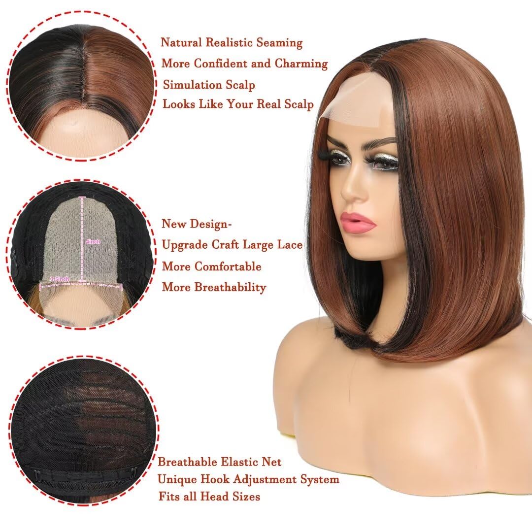 Aliesencia Highlight Bob Wig Short for Black Women Straight Synthetic Lace Wigs Natural Looking Heat Resistant Synthetic Hair Women's Wig(Black With Auburn Brown Strips)