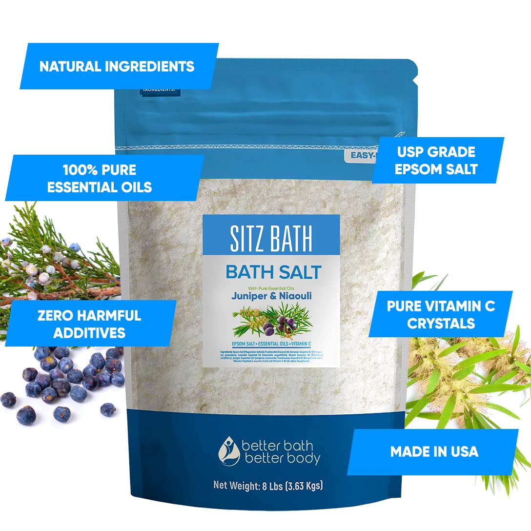 Sitz Bath Soak 128 Ounces Sitz Salt Epsom Salt with Natural Geranium, Frankincense, Lavender, Niaouli Essential Oil Plus Vitamin C in BPA Free Pouch with Press-Lock Seal