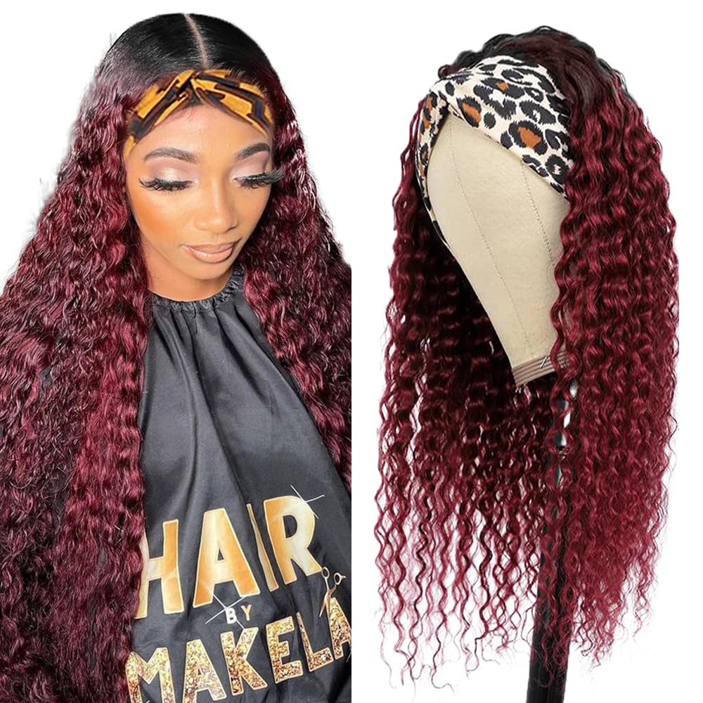 YiweYowe 24 Inch 1B99J Ombre Red Headband Wigs Human Hair Burgundy Deep Wave Headband Wigs 150% Density None Lace Front Two Tone Ombre Human Hair Wigs for Black Women