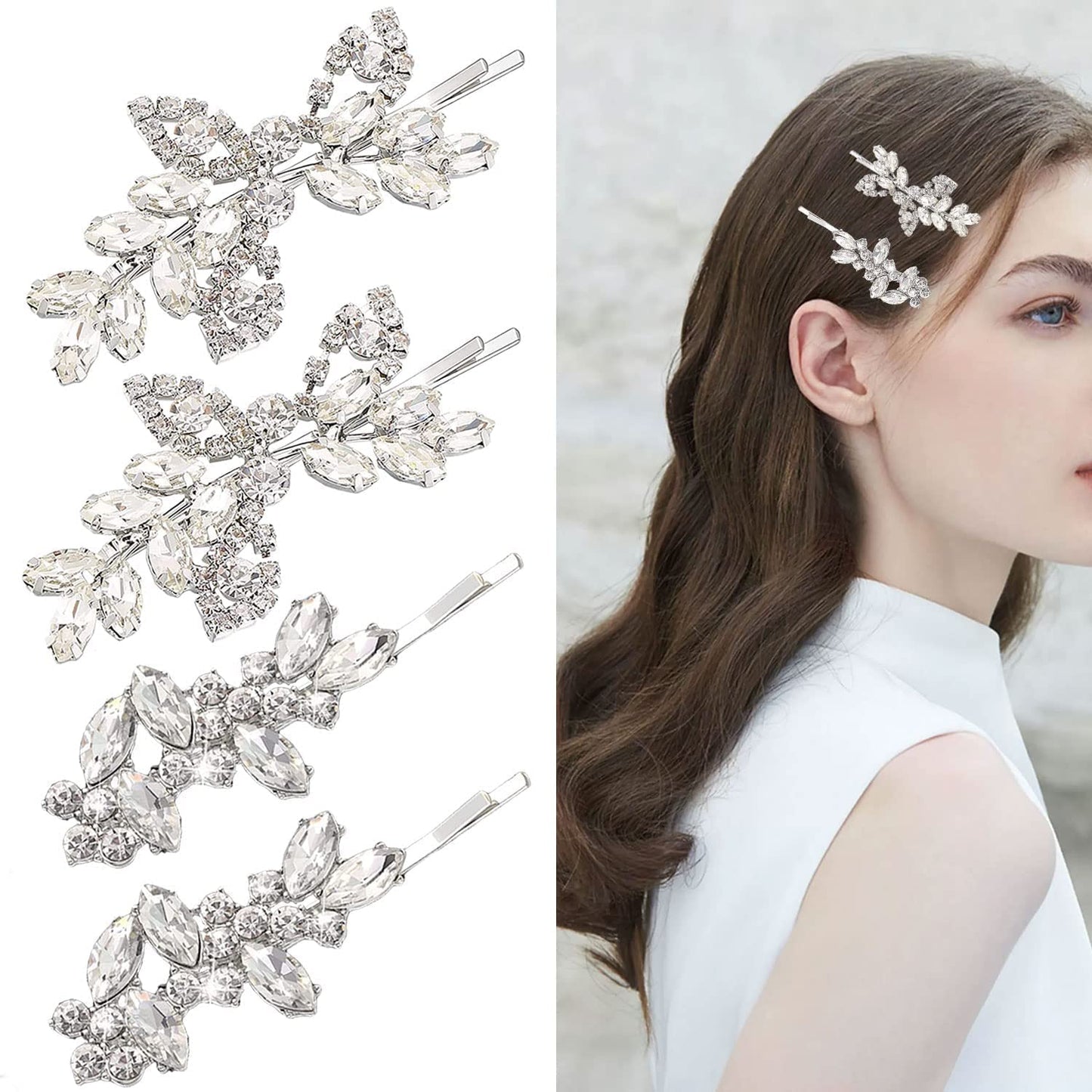4 Pieces Bridal Hair Clips, Rhinestone Hair Accessories Leaf Wedding Hair Pins Crystal Bobby Pins Silver Hairpin Jewelry Barrette for Brides Bridesmaids Flower Girls (Elegant Type)