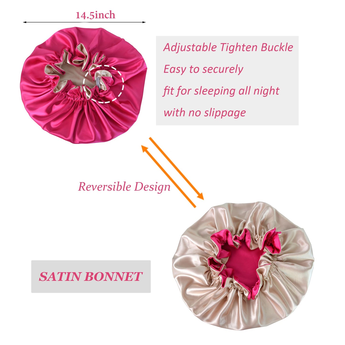 Beutyme Silk Bonnet for Sleeping Satin Bonnets Double Layer Reversible Hair Cap Bonnet for Women Long Curly Braid Hair (Hot Pink)