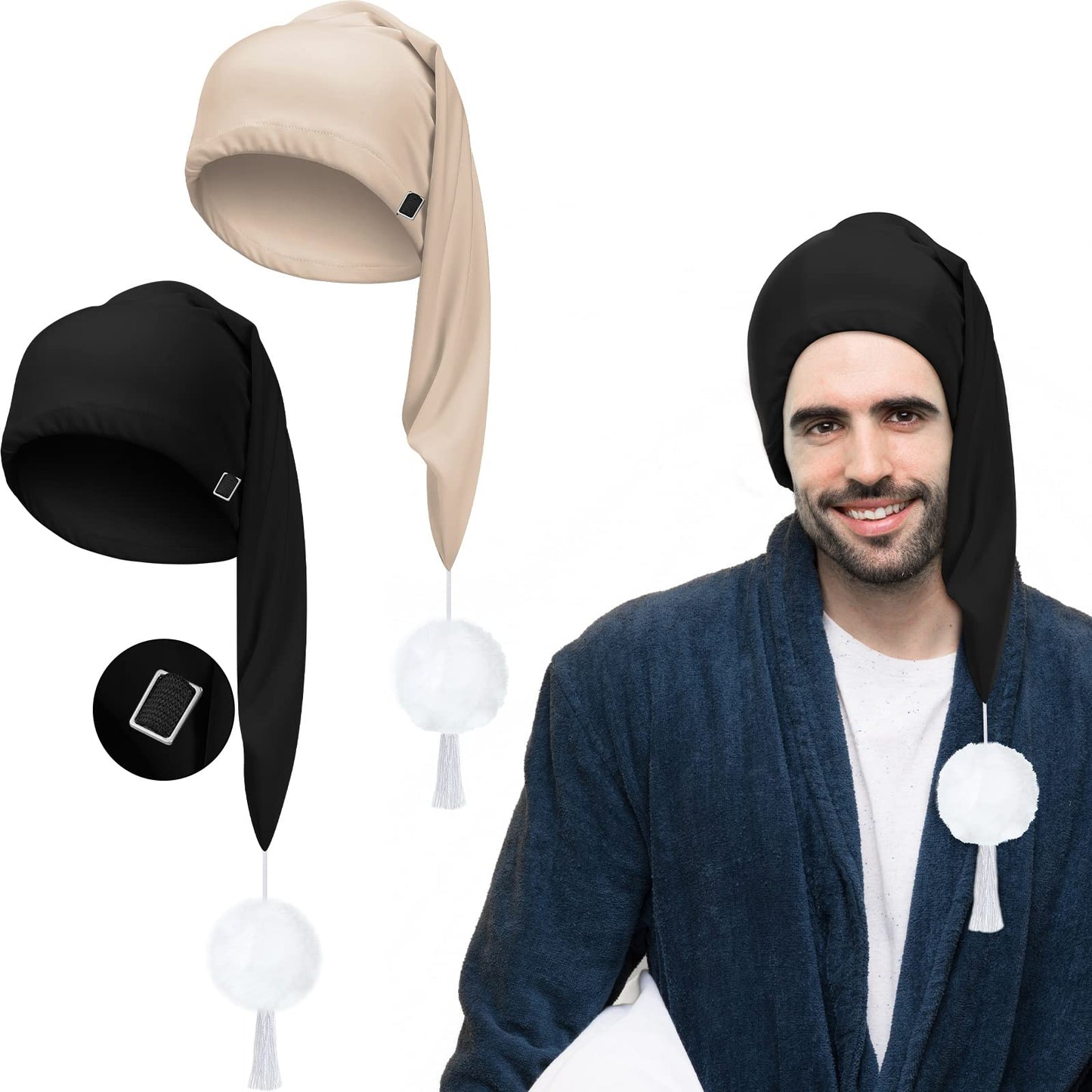 2 Pcs Silk Night Sleeping Cap Men Adjustable Stocking Cap Drawstring Night Sleeping Cap with Pom Ball for Daily Use (Black, Khaki)