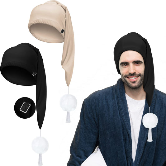 2 Pcs Silk Night Sleeping Cap Men Adjustable Stocking Cap Drawstring Night Sleeping Cap with Pom Ball for Daily Use (Black, Khaki)