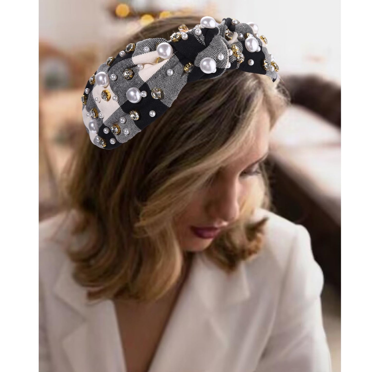 Women's Xmas Embellished Plaid Knotted Headband with Rhinestones, Crystals and Pearls - Holiday Outfit Accessory Gift (White Black)