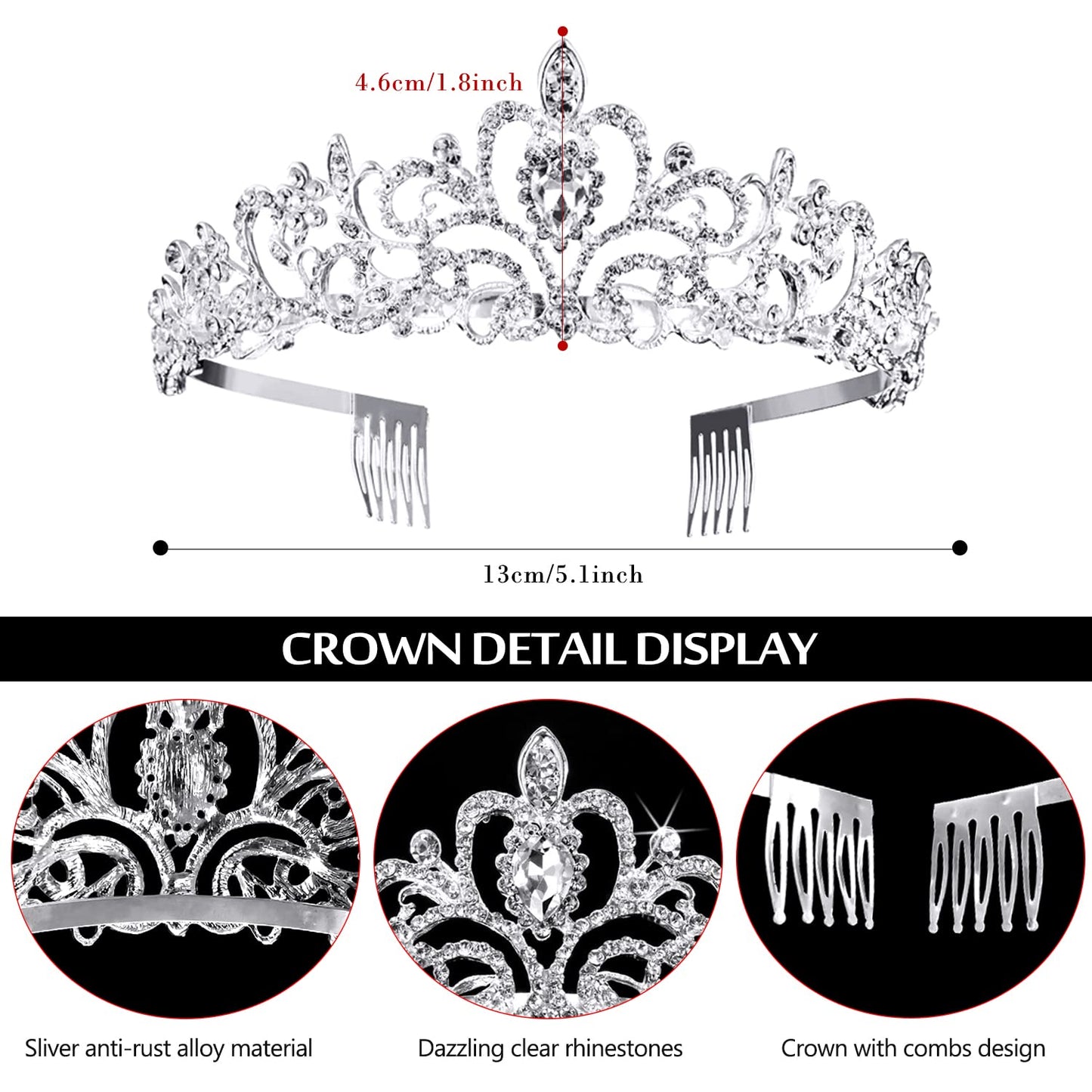 Silver Crystal Tiara Crowns for Women Girls Elegant Princess Crown with Comb for Little Girls Birthday and Wedding School Graduate Birthday Cosplay Halloween Party Accessories(Silver-01)