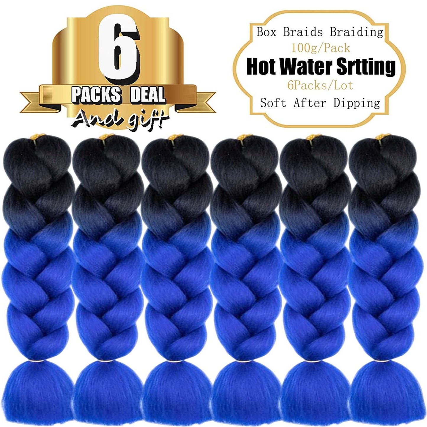 TENGSHUO FLY Black to Blue Braiding Hair 6 Packs Synthetic Braid Hair Extensions Jumbo Ombre Braiding Hair 24 Inch or Box Braids Twist Crochet Braids(24"6Pack,Black to Blue)