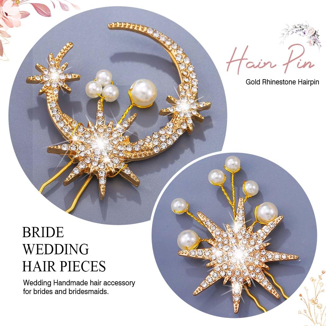 BARTOSI Gold Moon Star Hair Pins Rhinestone Bridal Hair Clips Pearl Bride Wedding Hair Accessories for Women and Girls (Pack of 4) (Gold)