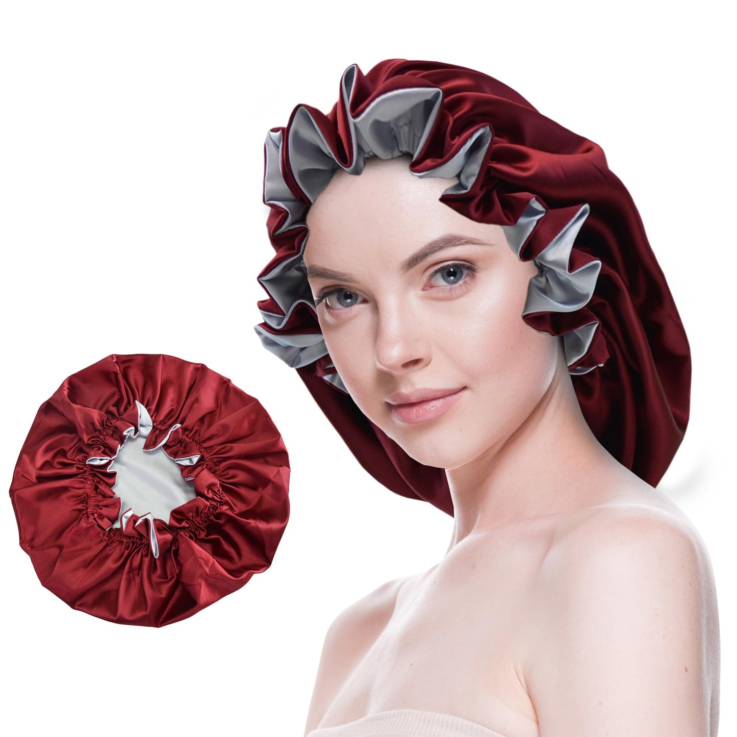 Beutyme Silk Bonnet for Sleeping Satin Bonnets Double Layer Reversible Hair Cap Bonnet for Women Long Curly Braid Hair (Crimson)