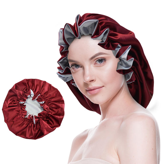 Beutyme Silk Bonnet for Sleeping Satin Bonnets Double Layer Reversible Hair Cap Bonnet for Women Long Curly Braid Hair (Crimson)