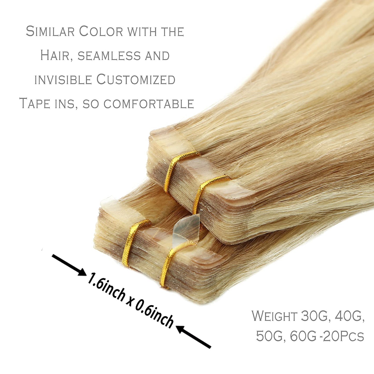 Tape in Hair Extensions Remy Human Hair Ombre Color Golden Brown Highlights Bleach Blonde Invisible Skin Wef 22inch 60g 20 Pieces Staight Tape ins for Fashion Women