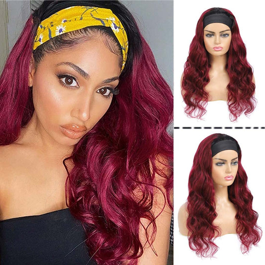 Adette Human Hair Headband Wigs Body Wave Ombre 99J Red Glueless Wavy Wig 180% Density None Lace Front Wigs for Black Women (20 Inch)