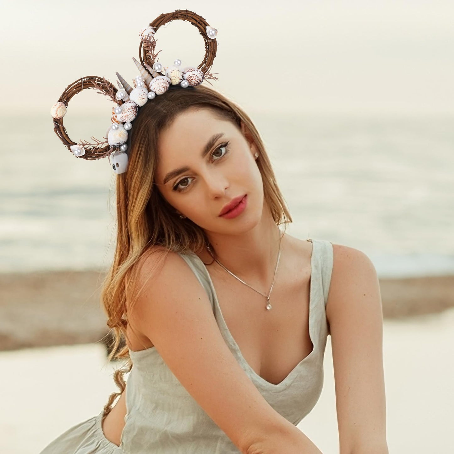 VISSTREE Shell Mouse Ear Crown - LED Light Up Ocean Shell Mermaid Style Mouse Ear Headband for Women Girls Park Party Birthday Celebration Halloween Festival Cosplay Costume Props