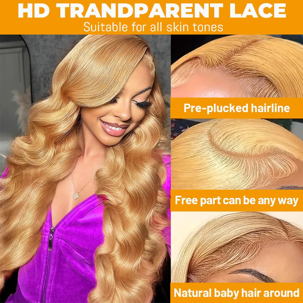SOSATISFY Body Wave Honey Blonde Wig Human Hair 13x4 Honey Blonde HD Lace Front Wig Human Hair 200% Density 27# Colored Human Hair Wigs Pre Plucked with Baby Hair (18 inch)