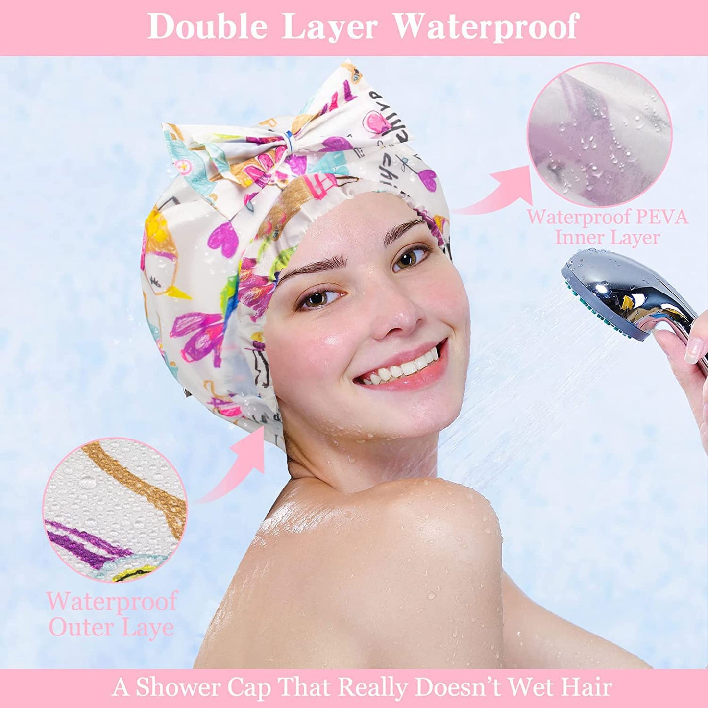2 PCS Shower Caps, Reusable & Extra Large & Adjustable & Double Layer Waterproof Bow Knot Hair Reusable Cap for Women, Waterproof Outer & EVA Lining, for Shower, Spa, Makeup
