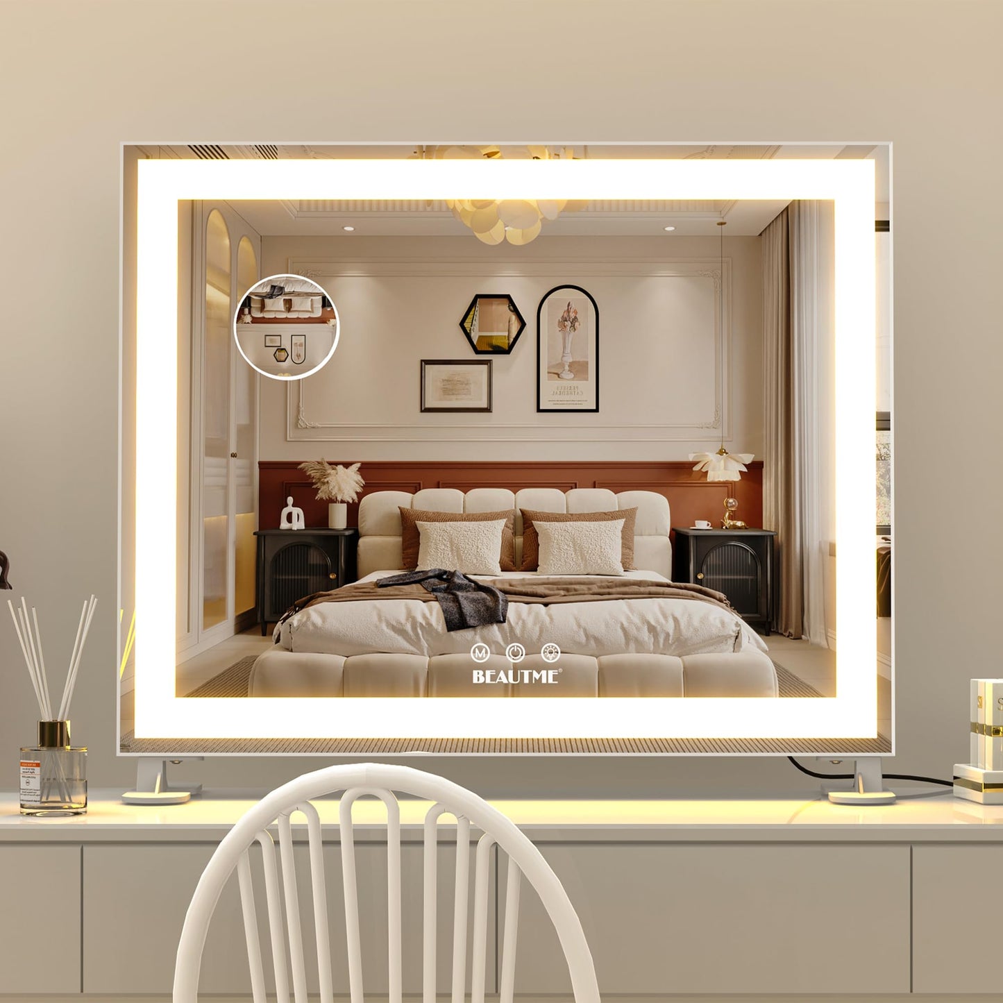 BEAUTME Vanity Mirror,Tabletop Makeup Mirror,Hollywood Mirror,LED Bedroom Mirror with Lights,Lighted Mirror, Aluminium Frame,48.5×40.5cm,White