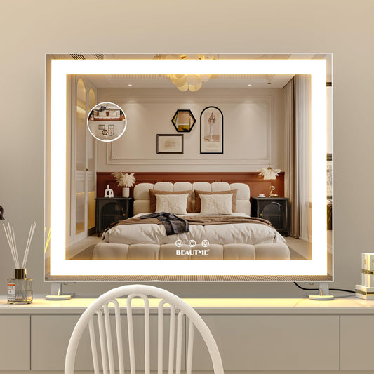 BEAUTME Vanity Mirror,Tabletop Makeup Mirror,Hollywood Mirror,LED Bedroom Mirror with Lights,Lighted Mirror, Aluminium Frame,48.5×40.5cm,White