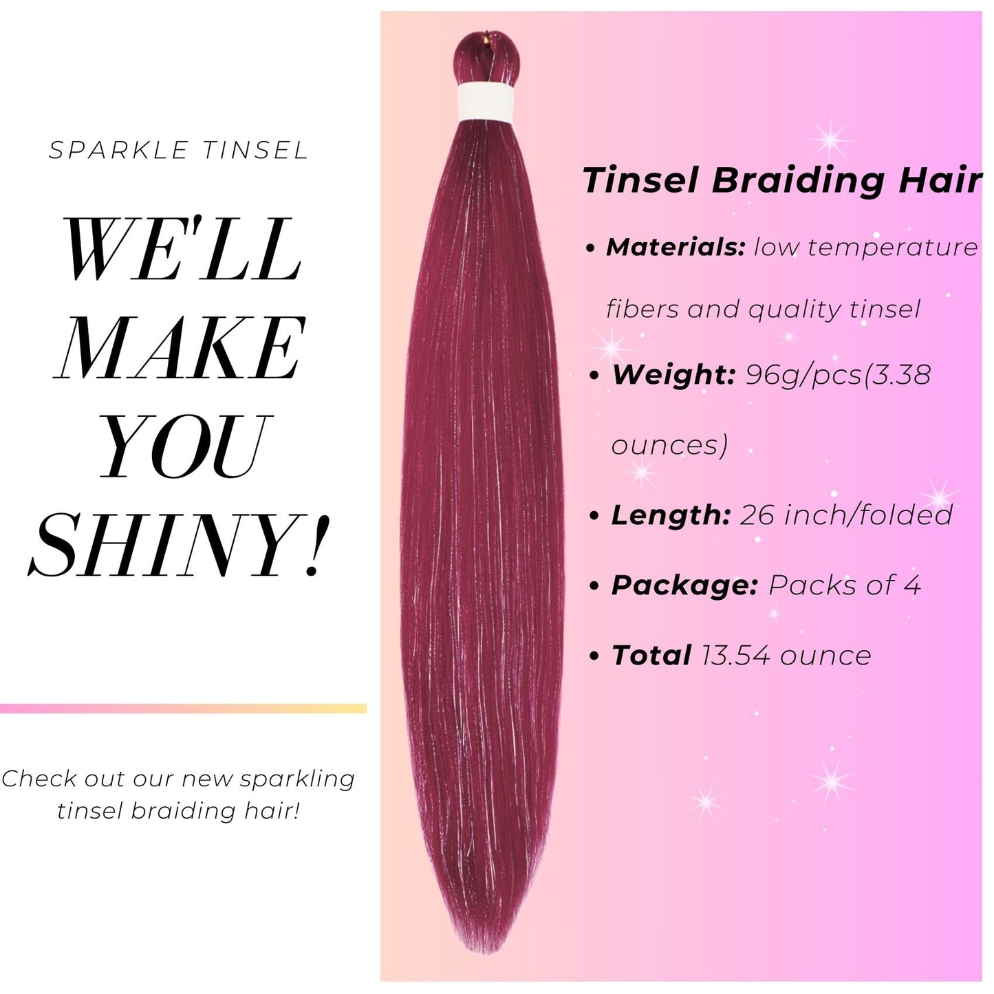 Burgundy Tinsel Braiding Hair Pre Stretched Box Synthetic Box Braids Tinsel Hair for Braiding(26Inch 4 Packs)