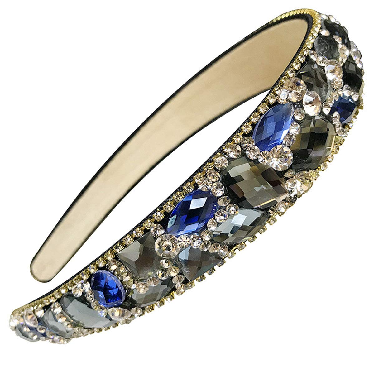 Women Lady Fashion Hair-Band Jewel Headbands Handmade Luxury Irregular Sparkle Crystal Rhinestone Wide-edge Headband Hair Hoop (Blue)