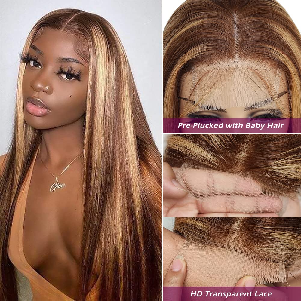 ALISFEEL 4x4 Highlight Lace Closure Wig Human Hair Lace Closure Human Hair Wigs for Black Women 4/27 HD Transparent Pre Plucked Lace Front Wig 180% Density Colored Brazilian Straight Wig (24 Inch)