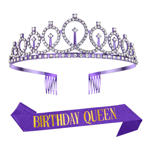 Birthday Sash and Crown for Women,Happy Birthday Sash for Women,Birthday Queen Sash and Crown,Purple Birthday Decorations,Happy Birthday Decorations for Women,Birthday Crown Adult Woman,Birthday Tiara