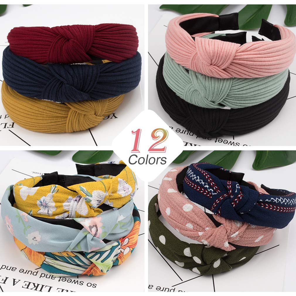 Womens Boho Headbands 12 Pack VELSCRUN Knotted Elastic Turban Bandeau Wide Hair Bands/Accessories for Washing Face