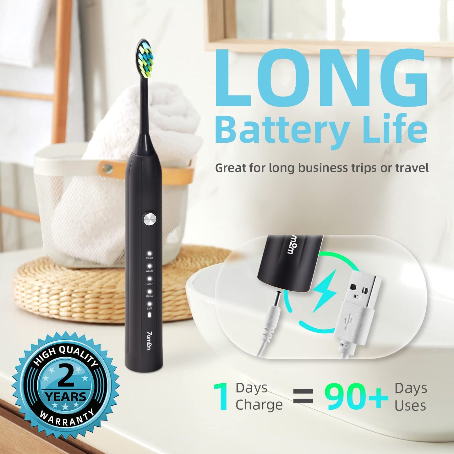 7AM2M Sonic Electric Toothbrush for Adults and Kids, with 8 Brush Heads and Travel Case,5 Modes with 2 Minutes Build in Smart Timer, One Charge Use for 90 Days, Rechargeable Toothbrushes(Black)