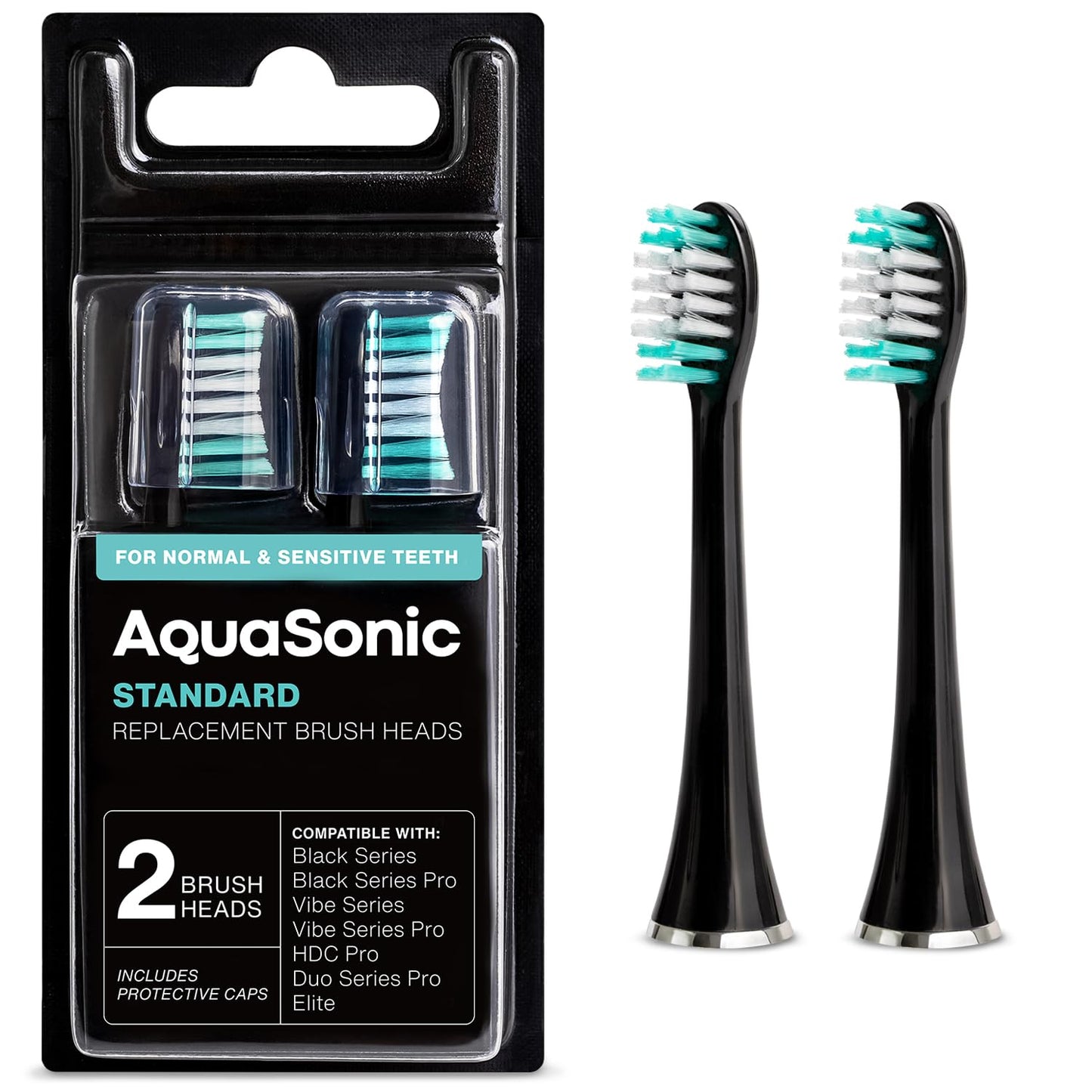 AquaSonic Standard Replacement Brush Heads | for Normal & Sensitive Teeth | Compatible with Many AquaSonic Toothbrush Handles (2 Pack Black)