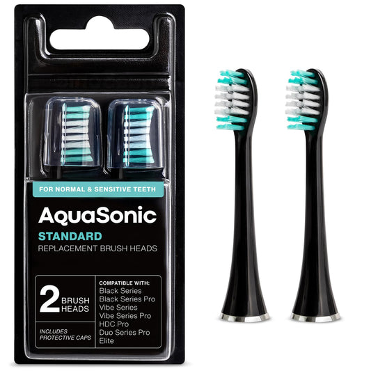 AquaSonic Standard Replacement Brush Heads | for Normal & Sensitive Teeth | Compatible with Many AquaSonic Toothbrush Handles (2 Pack Black)