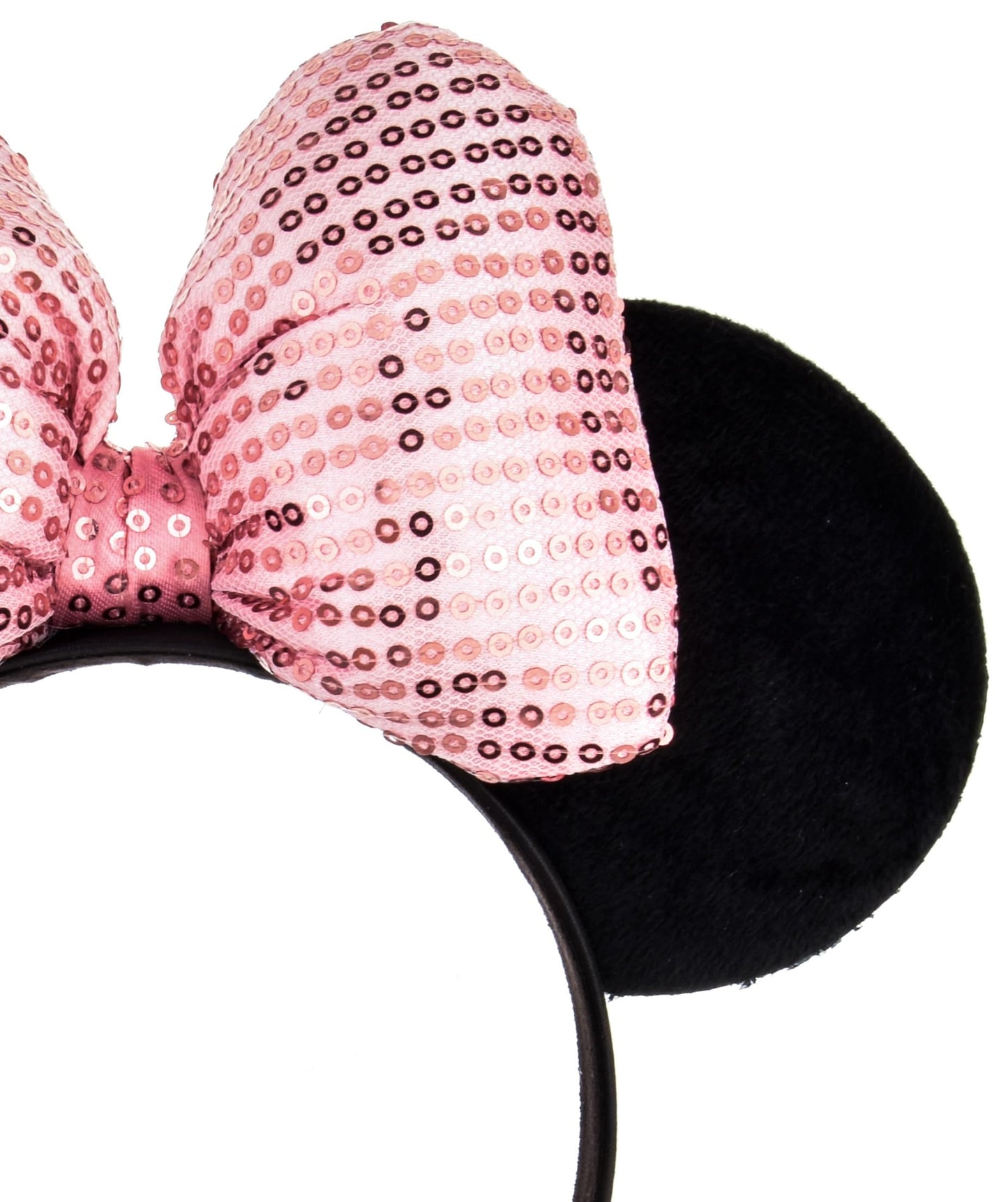 A Miaow 3D Black Mouse Velvet Ears Headband MM Polka Dot Satin Bow Hair Clasp Women Adults Costume Supply Holiday Park Headwear (Pink Bow, One Size)