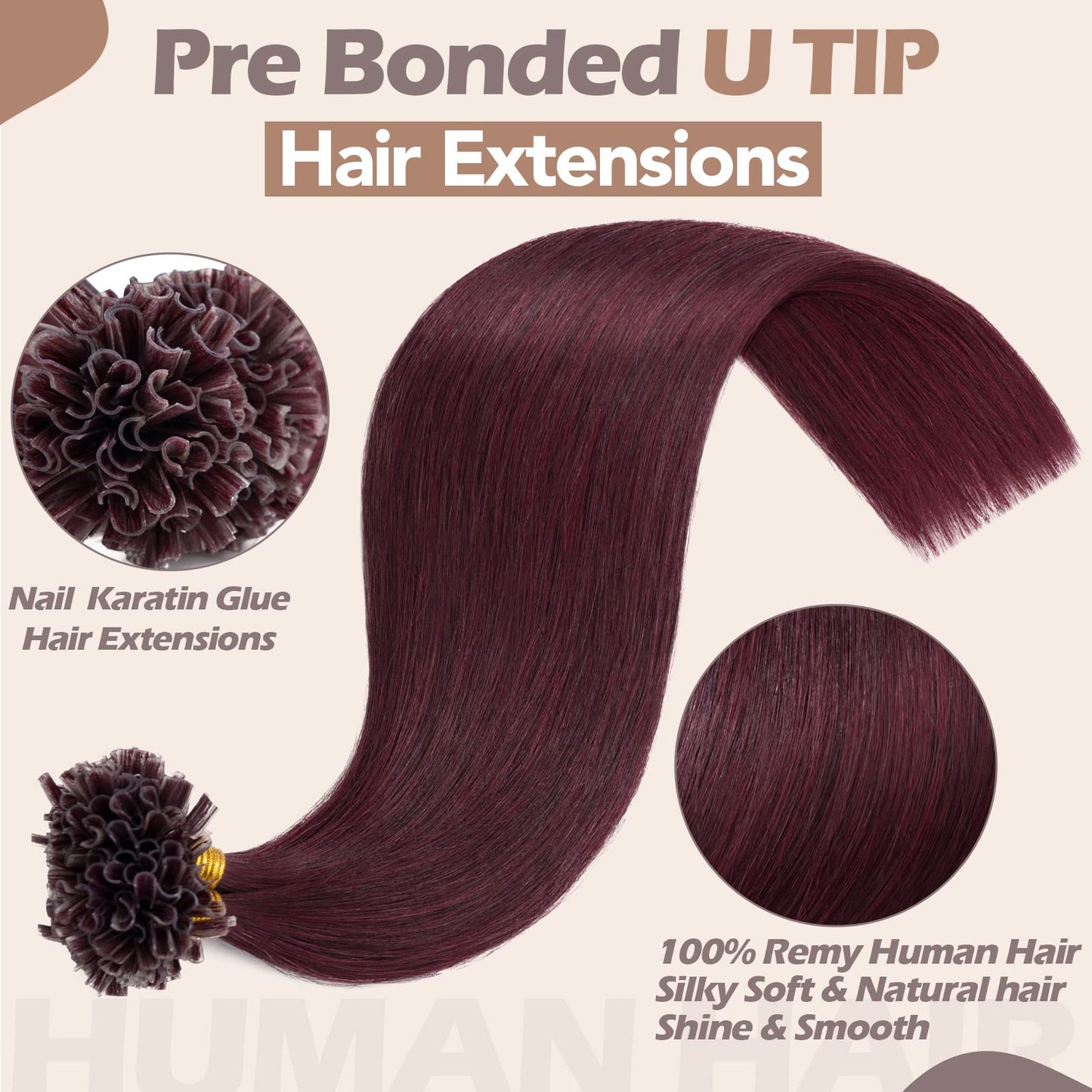 S-noilite U Tip Hair Extensions Human Hair Burgundy U Tip Fusion Hair Pre Bonded Nail Tipped Hair Italian Keratin Glue Remy Human Hair Straight 100 Strands/50g 22 Inch (#99J Wine Red)