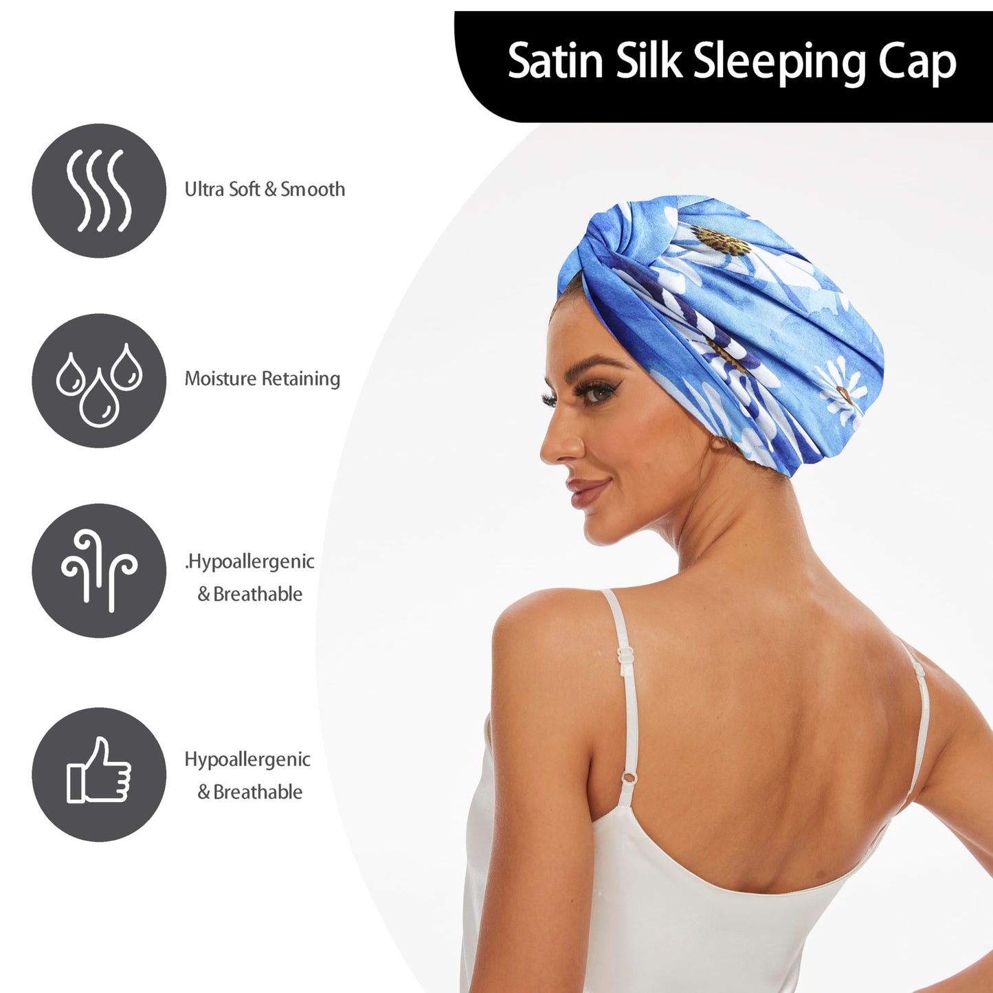 Adjustable Silk Satin Bonnet for Sleeping Hair Wrap, Double Layer Sleep Cap, Night Turban for Large Long Curly Braid Women Men Hair - Daisy