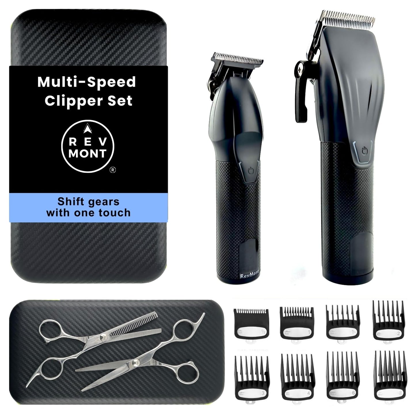 RevMont Multi-Speed Clipper Set, Gear Shifting, 20-Piece Grooming Kit for Men, T-Blade Plus King Clipper, Rechargeable Hair Trimmers, Metal Grip, Carbon Steel Blades, All-in-one Barber Set