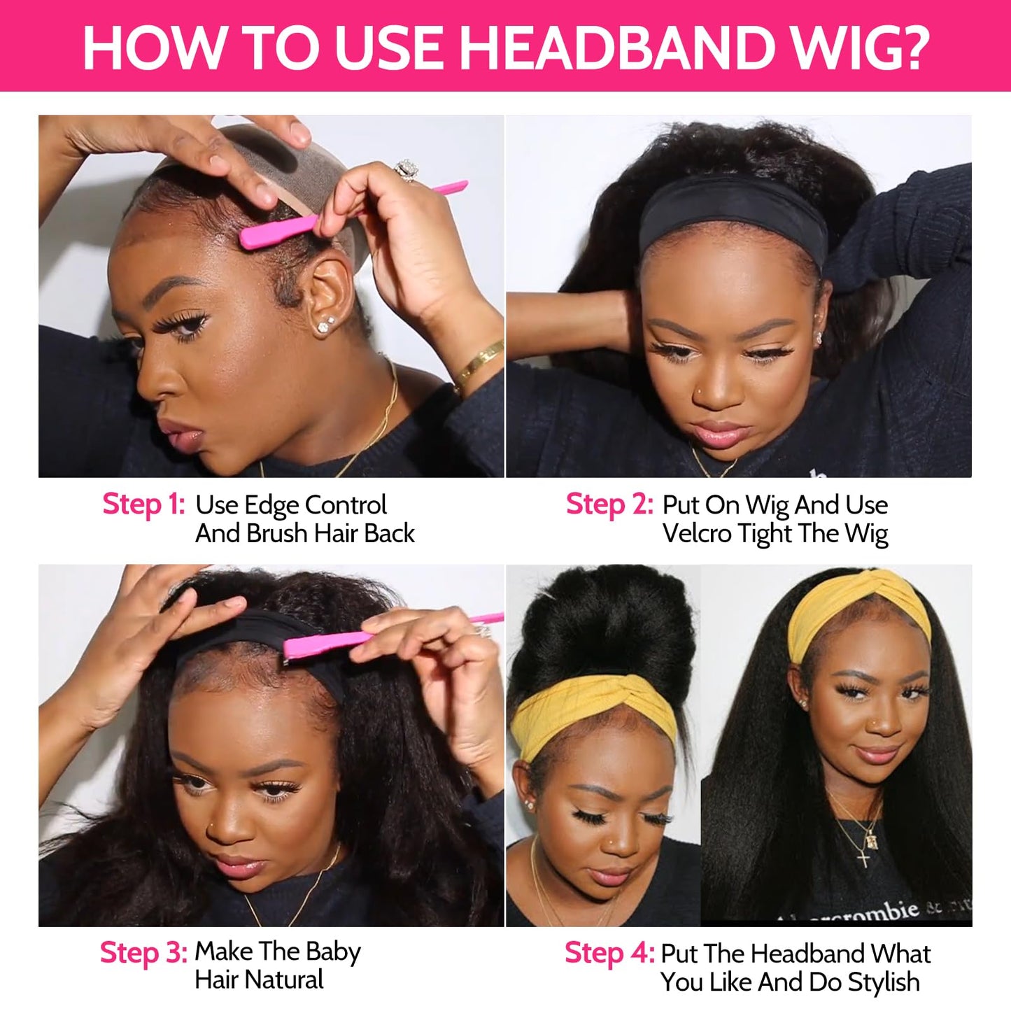 ME-U Headband Wig Human Hair Kinky Straight Guleless Wigs for Black Women Wear and Go 180% Density Yaki Straight Wig No Lace Natural Black Color 28 Inch