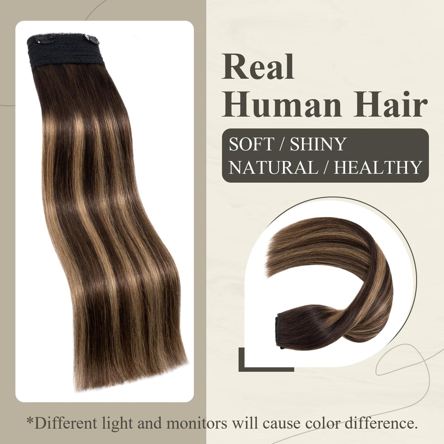 SLEEKALON Invisible Wire Hair Extensions Real Human Hair 16 Inch Dark Brown to Light linen Mix Brown Halo Hair Extensions with Clips Adjustable Fish Line Wire Hair Extensions For Women 95g,#2T2P6