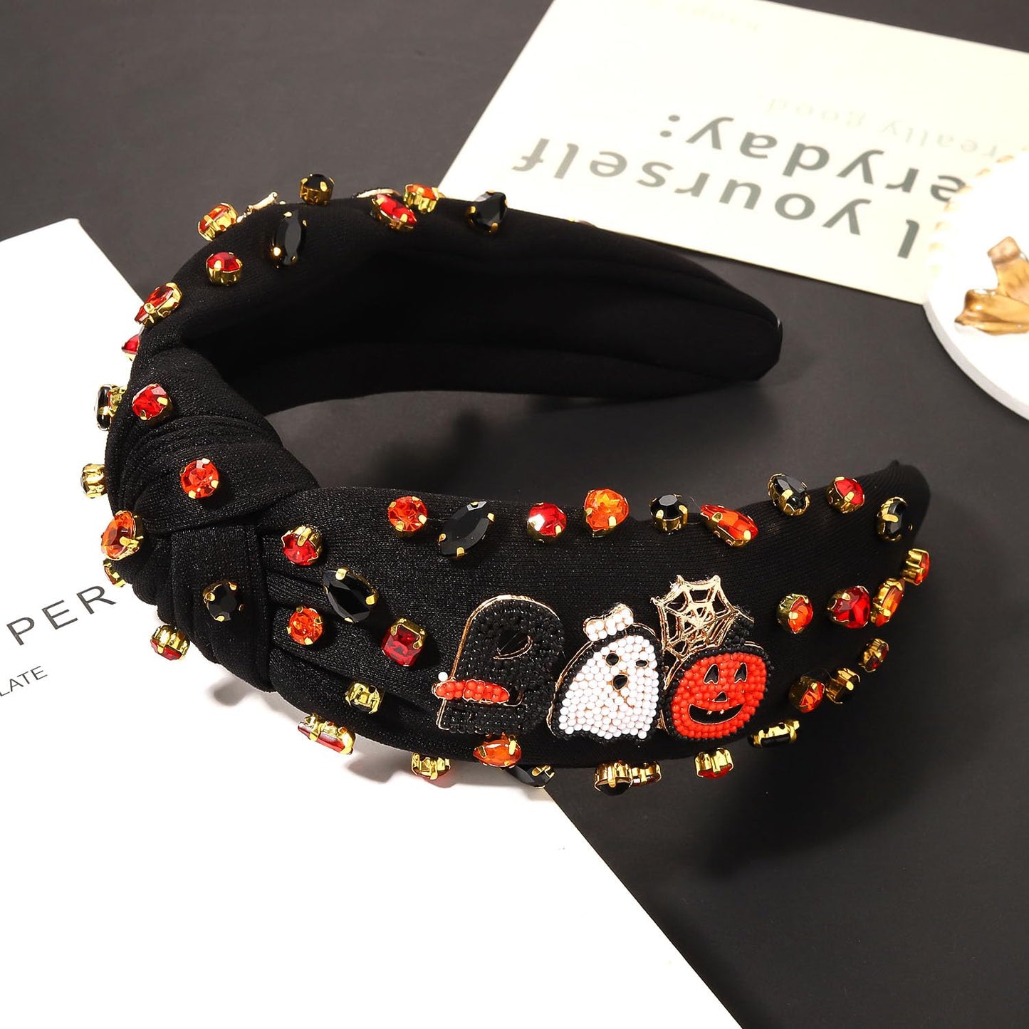 YAHPERN Halloween Headband for Women Spooky Pumpkin Ghost Headband Jeweled Rhinestone Knotted Headband Halloween Accessories