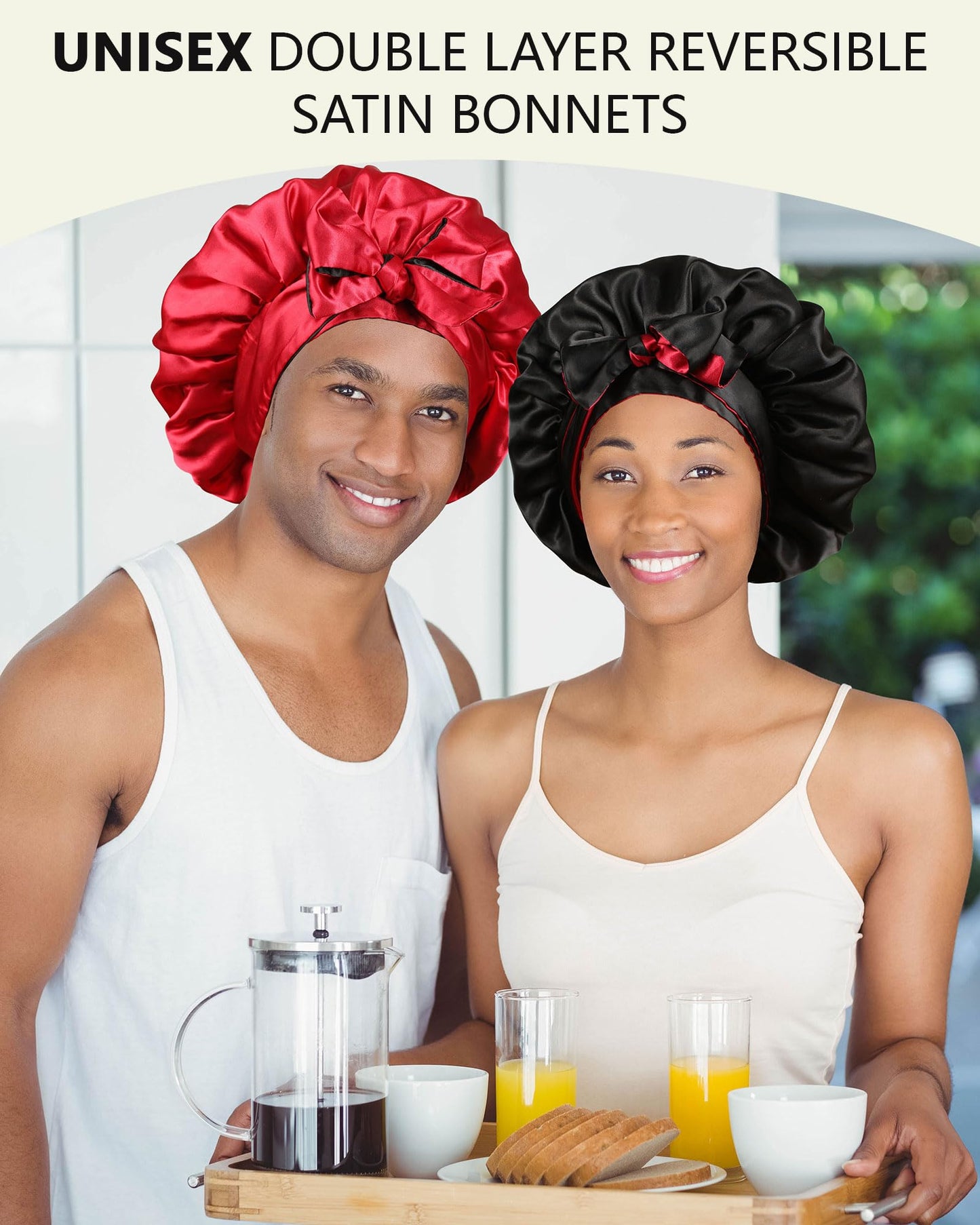 Satin Bonnet Silk Hair Bonnets for Women Curly Hair Wrap for Sleeping Cap Reversible Bonnet with Tie Band Night Cap Double Layer Sleep Cap for Curly Hair (Black + Red)