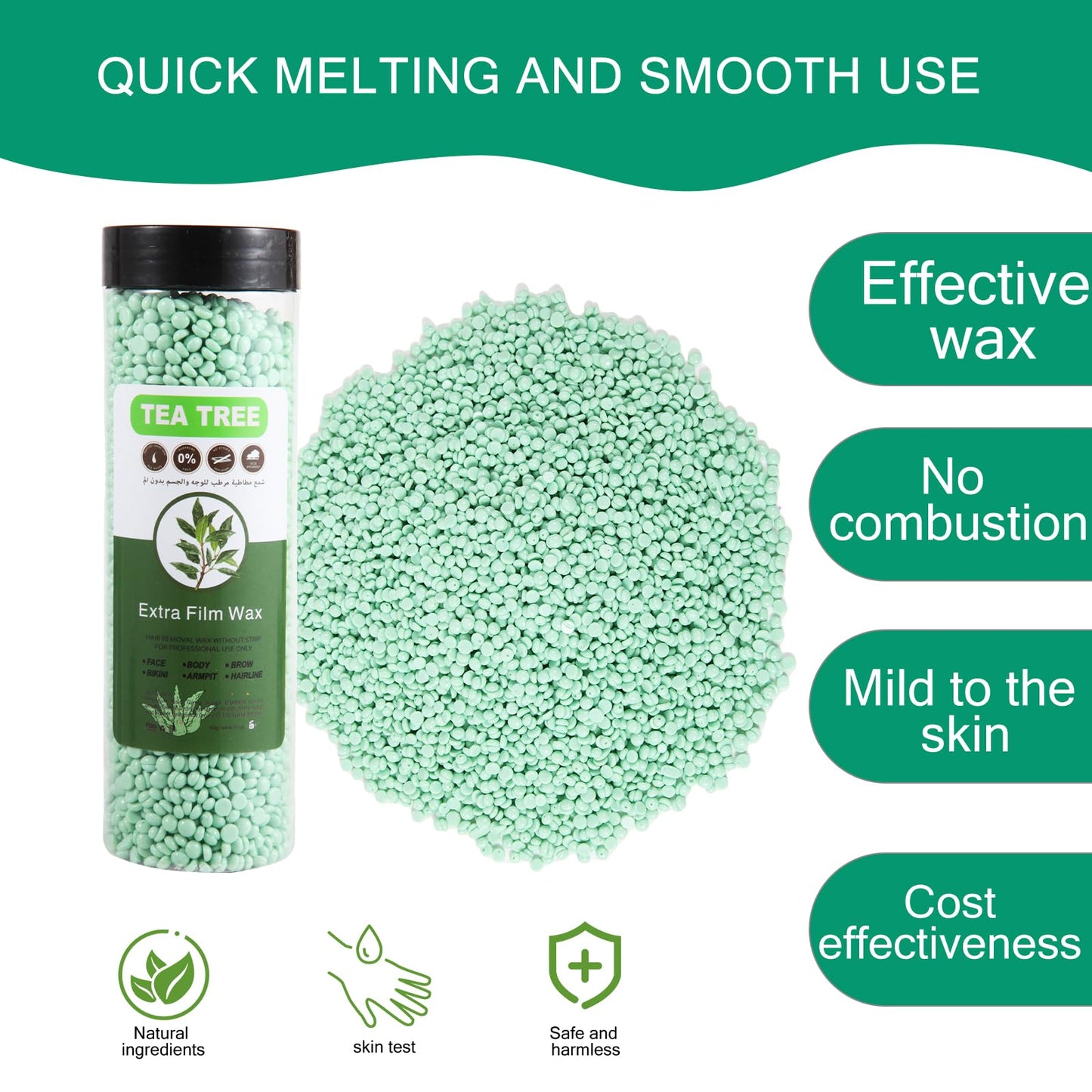 Pmuul Hardwax Bead, 400g Hard wax bean, Sensitive skin wax beads for facial, arm, leg, underarm, bikini and Brazilian hair removal, Tea plant