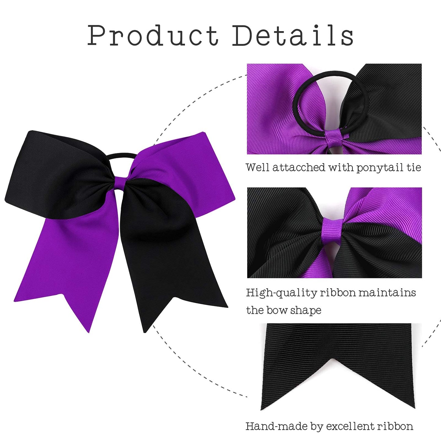 16PCS 8" Large Cheer Hair Bows Ponytail Holder Elastic Band Handmade for Cheerleading Teen Girls College Sports (Black/Purple, 16 Count (Pack of 1))