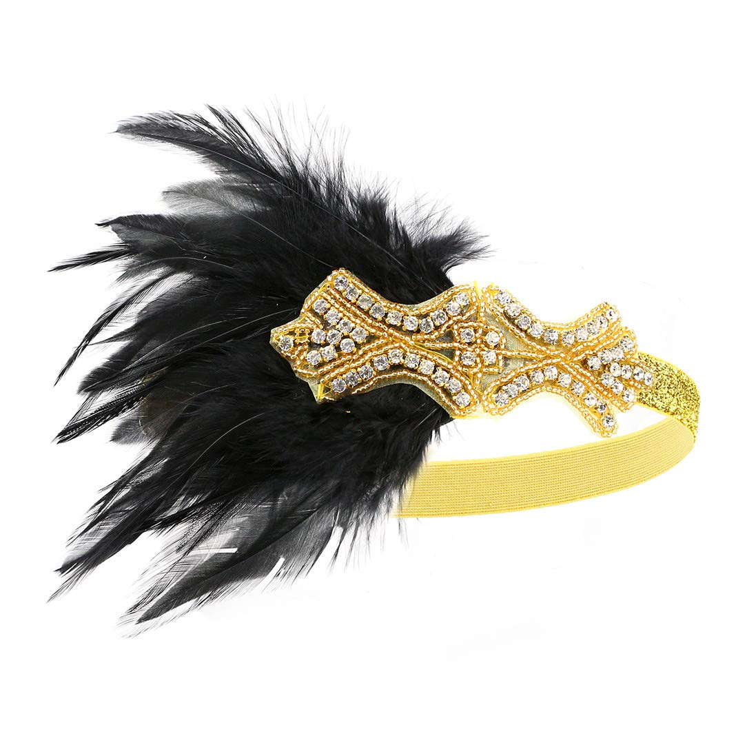Art Deco 1920s Flapper Headband Feather Roaring 20s Great Gatsby Headpiece for Women Hair Accessories Gold Black