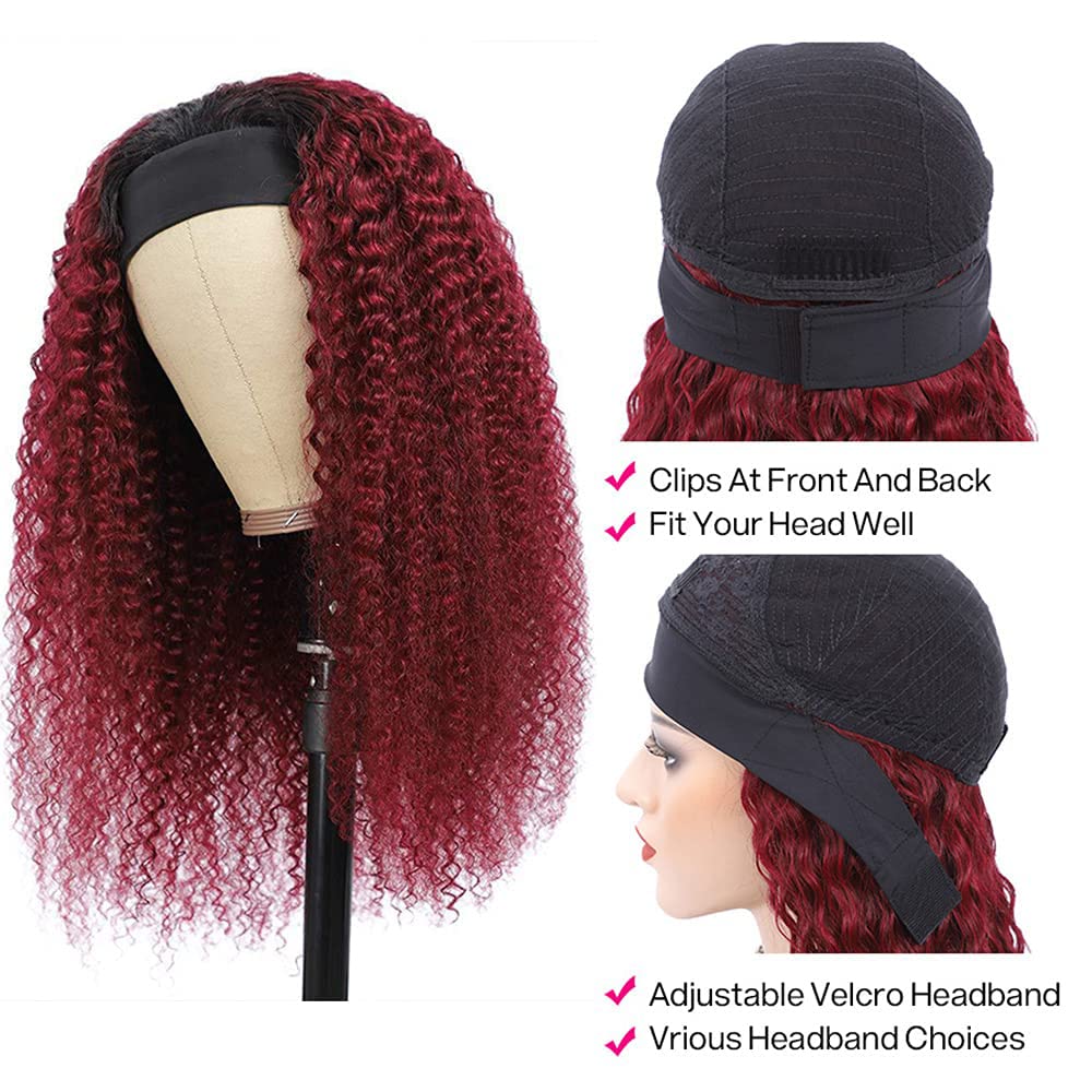 YiweYowe 30 Inch 1B99J Red Headband Wig Human Hair Burgundy Deep Wave Headband Wigs Two Tone Ombre Human Hair Wigs 150% Density Grade 8A Unprocessed Virgin Hair Wigs Headband Wig Wine Red Color
