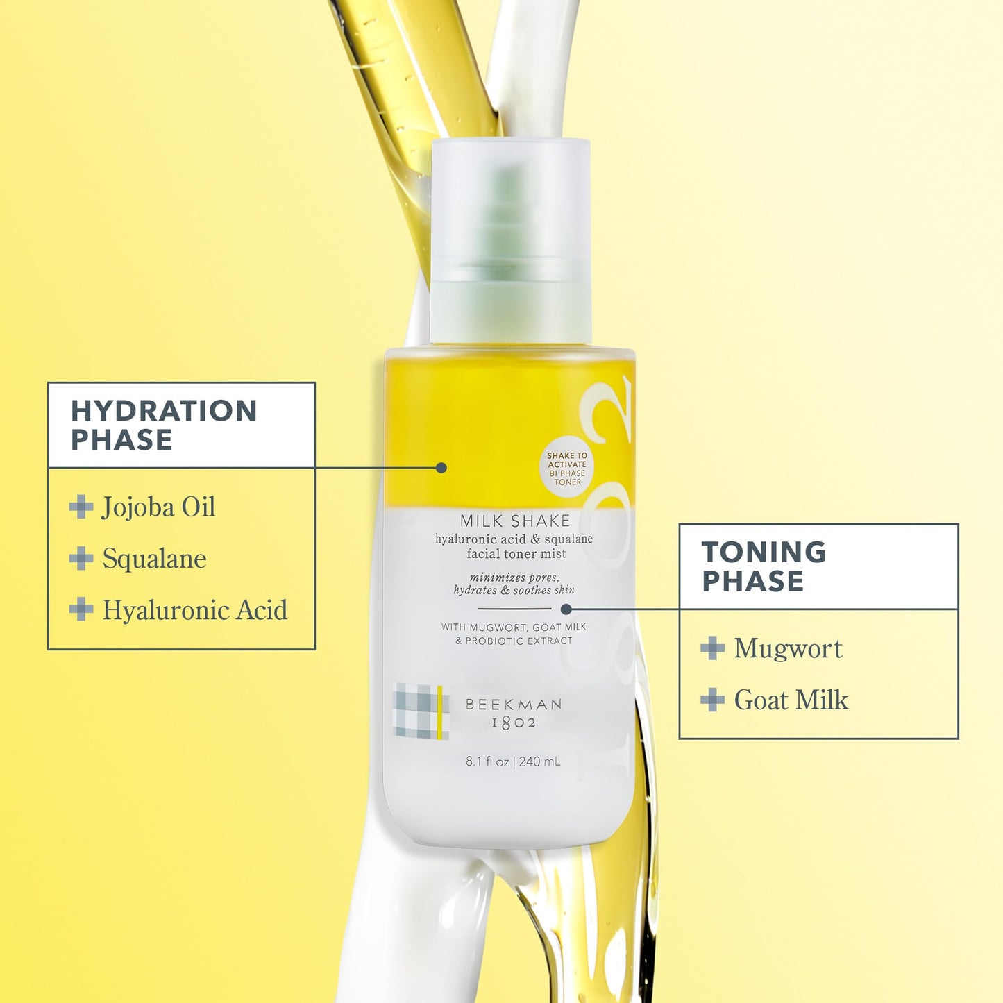 Beekman 1802 Milk Shake Hydrating Face Mist - Hyaluronic Acid & Squalane Facial Mist Minimizes Pores & Gently Moisturizes - Makeup Setting Spray - Fragrance-Free