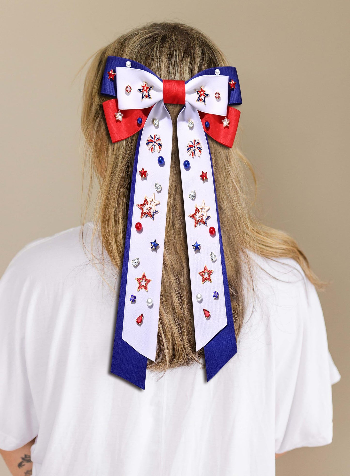 4th of July Women's Silky Satin Hair Accessories: Red, White, and Blue Star Patriotic Ribbons, Bows, and Clips for American Flag Outfits and Gifts (White 7)