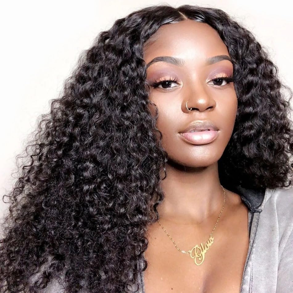250% Density 13x4 deep Wave lace Front Wigs 250% Density Human Hair HD Transparent Curly Lace Frontal Wigs Human Hair for Black Women Pre Plucked Curly Wave Lace Front Wigs (Natural Color, 18inch)
